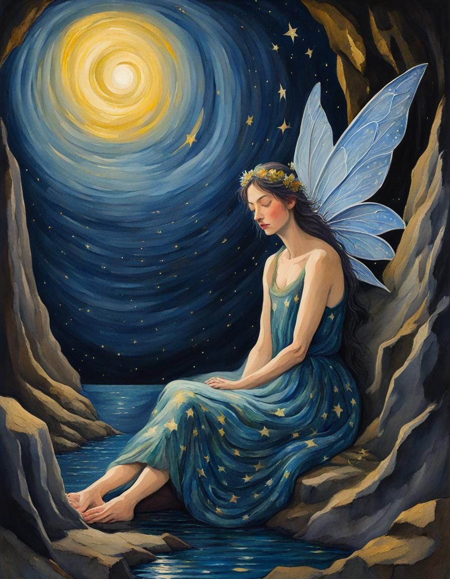 Sleepy Fairy in Dark Cave: Gouache Watercolor Style