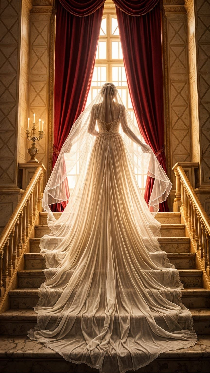Ethereal Wedding Gown on Marble Stairs in Classical Style