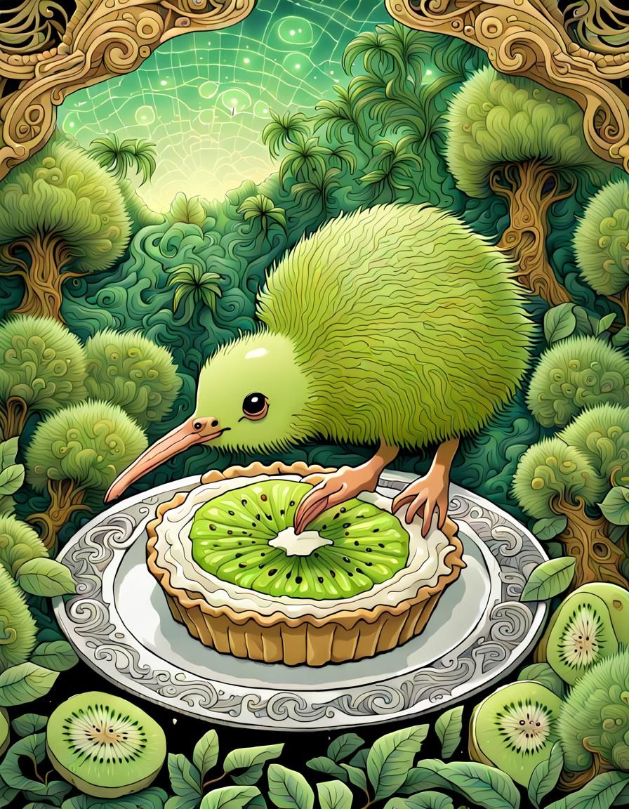 Kiwi Bird Eats Key Lime Pie, Cosmic Illustration