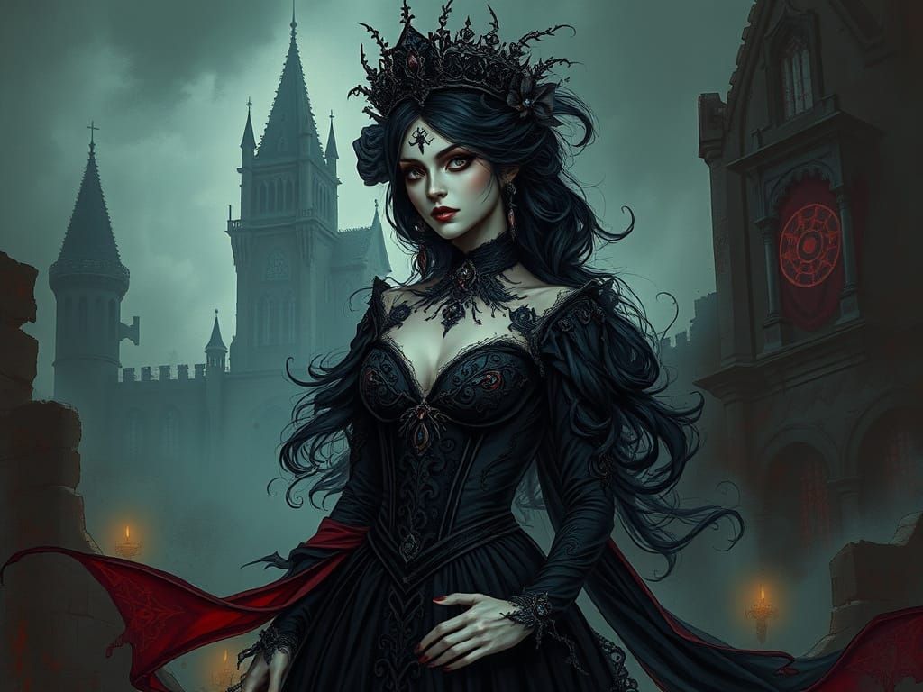 Dark Gothic Princess in Victorian Attire, Surrounded by Shad...