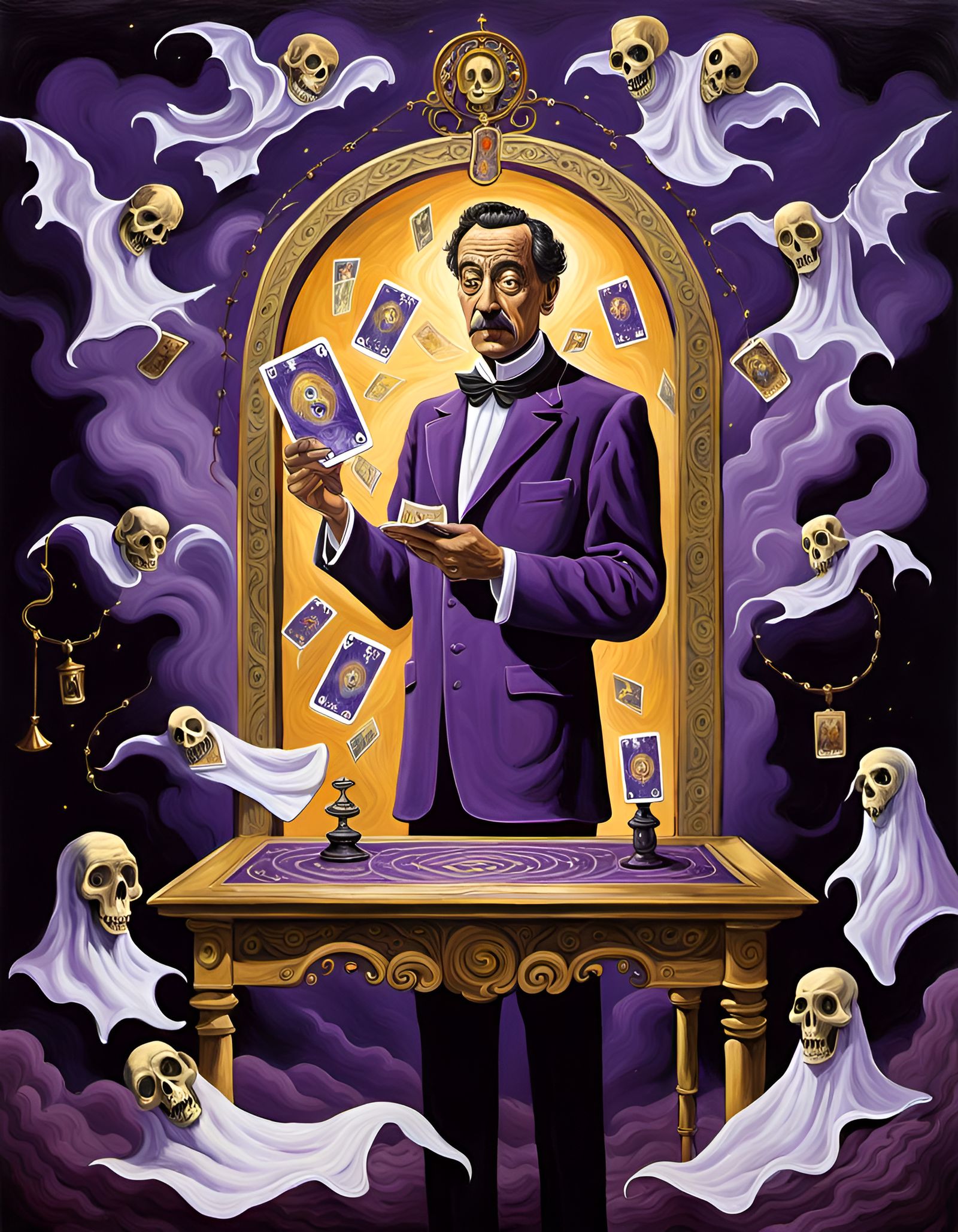 Vicar, wearing purple shirt tunnel collar, white collar, giving mediumistic evidence with ghosts around the stage, purp...