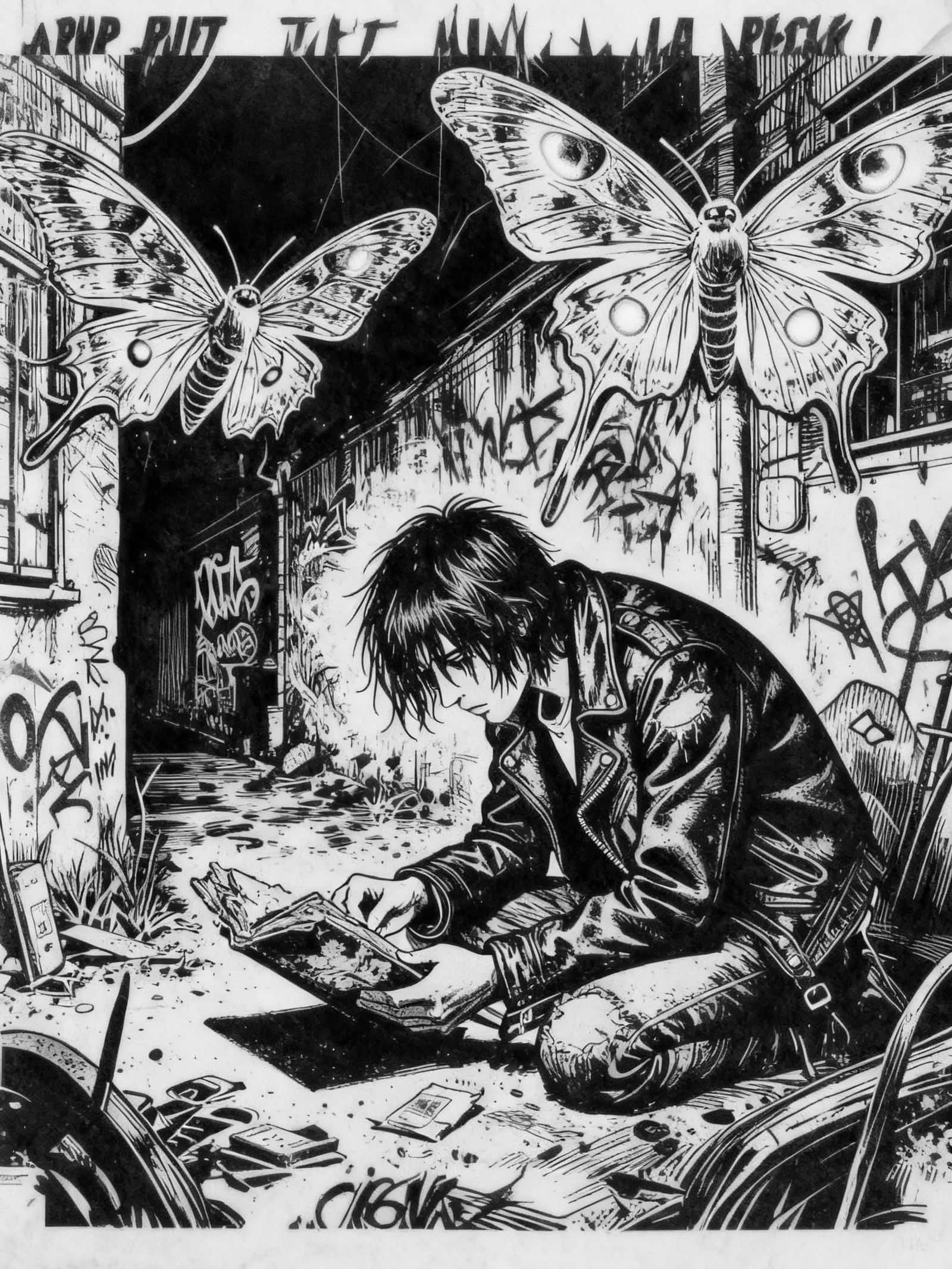 Ethereal Moths Illuminate Desolate Alleyway Scene