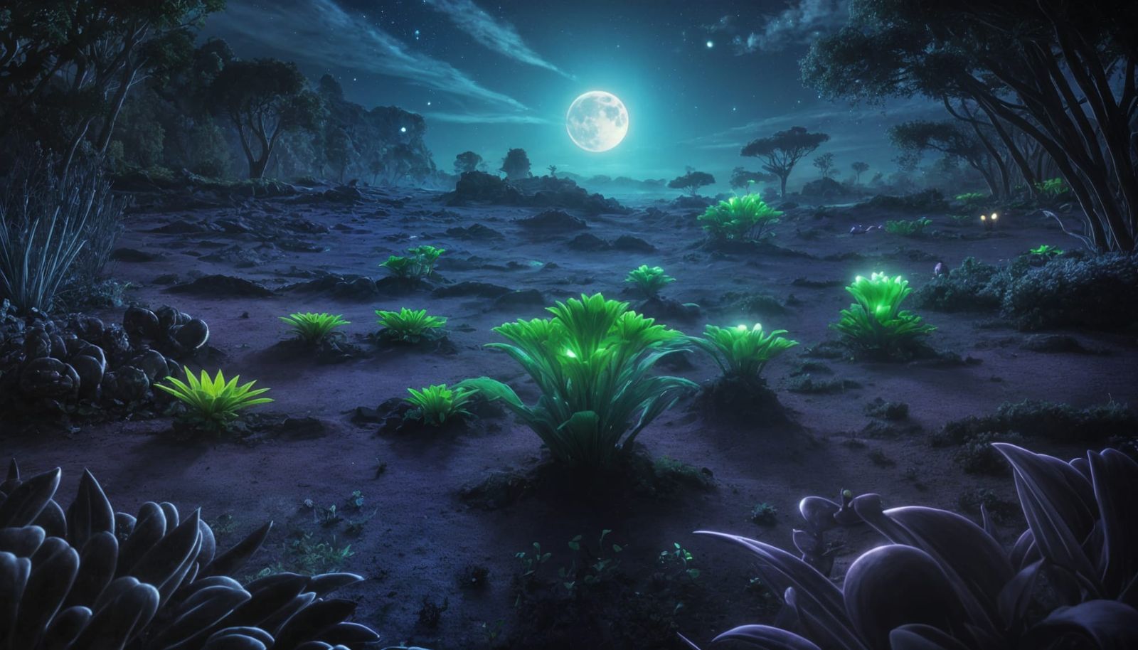 Exotic Bioluminescent Alien Landscape with Three Moons