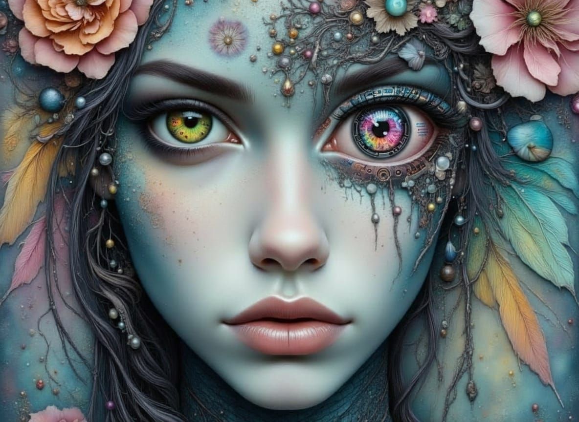 Alien Fairy in Rococo Dress with Rainbow Wings