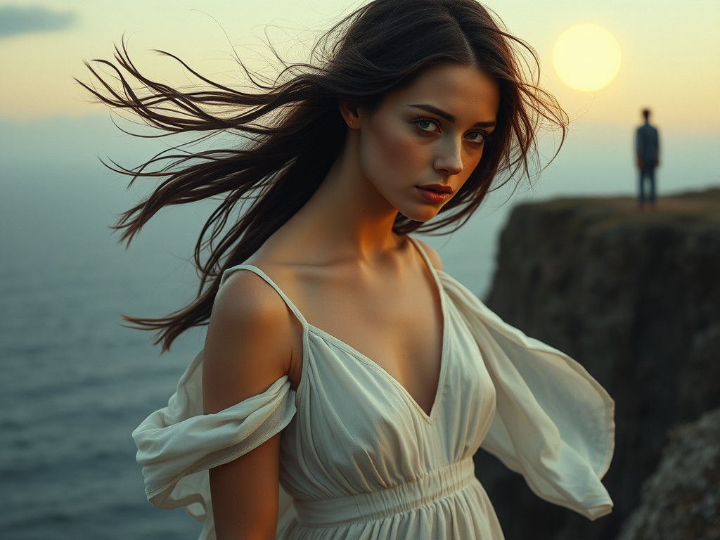 Longing Woman on Windswept Cliff in Impressionistic Style