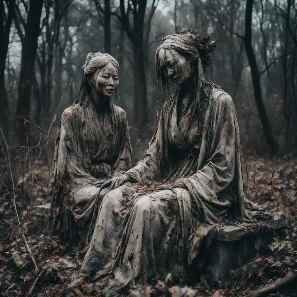 Macabre Statues in Decayed Chinese Garden