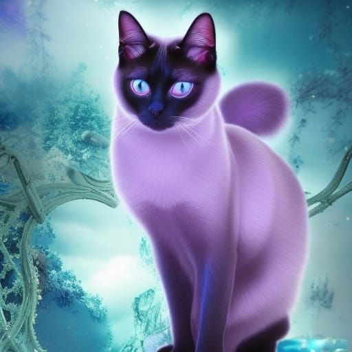 Beautiful Siamese cat with Crystal blue eyes& shimmery sparkly purple background& ethereal vibes& magical vibes