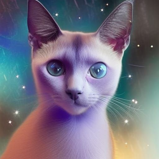 Beautiful Siamese cat with Crystal blue eyes& shimmery sparkly purple background& ethereal vibes& magical vibes