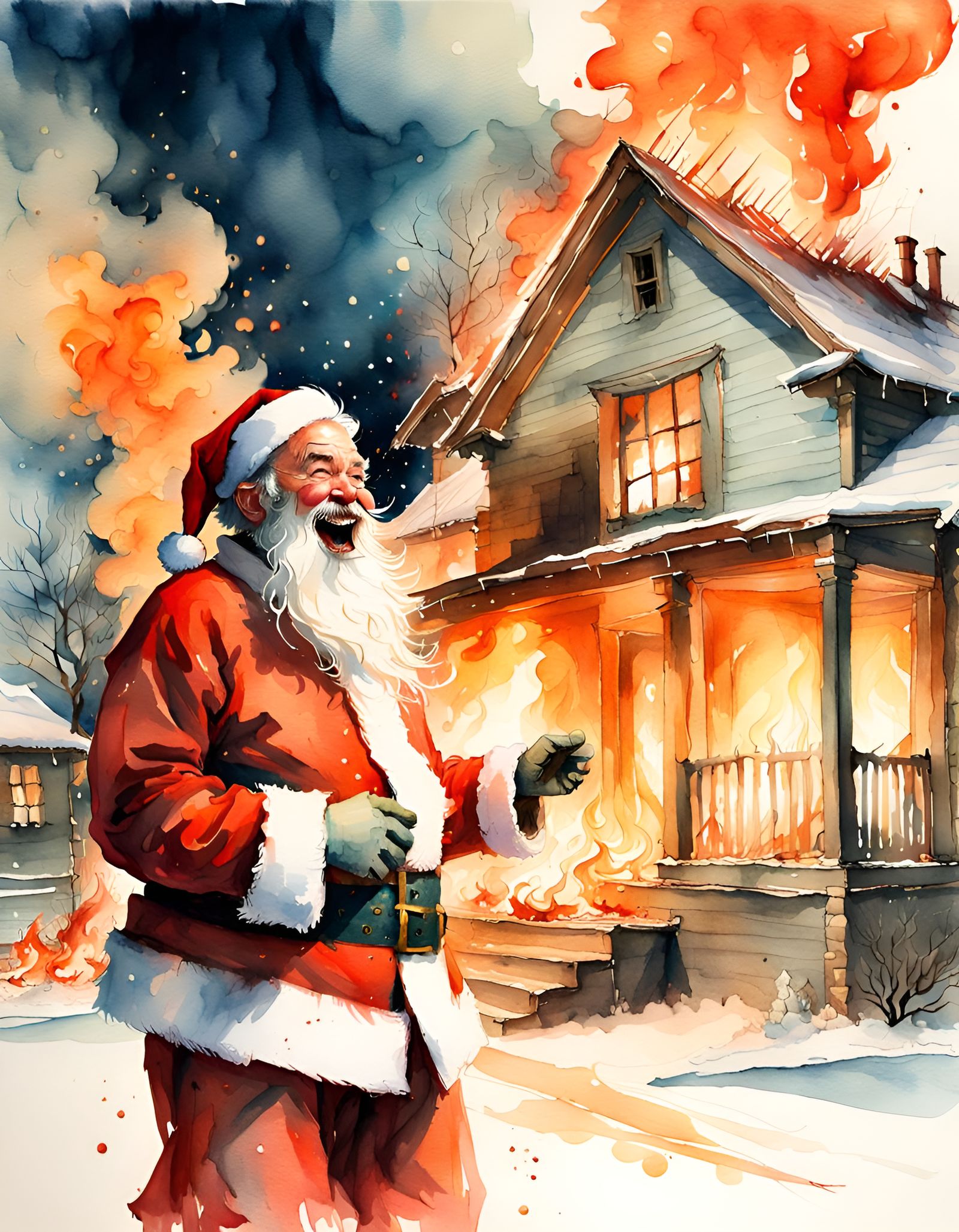Santa Claus's Fiery Revenge: A Watercolor Painting