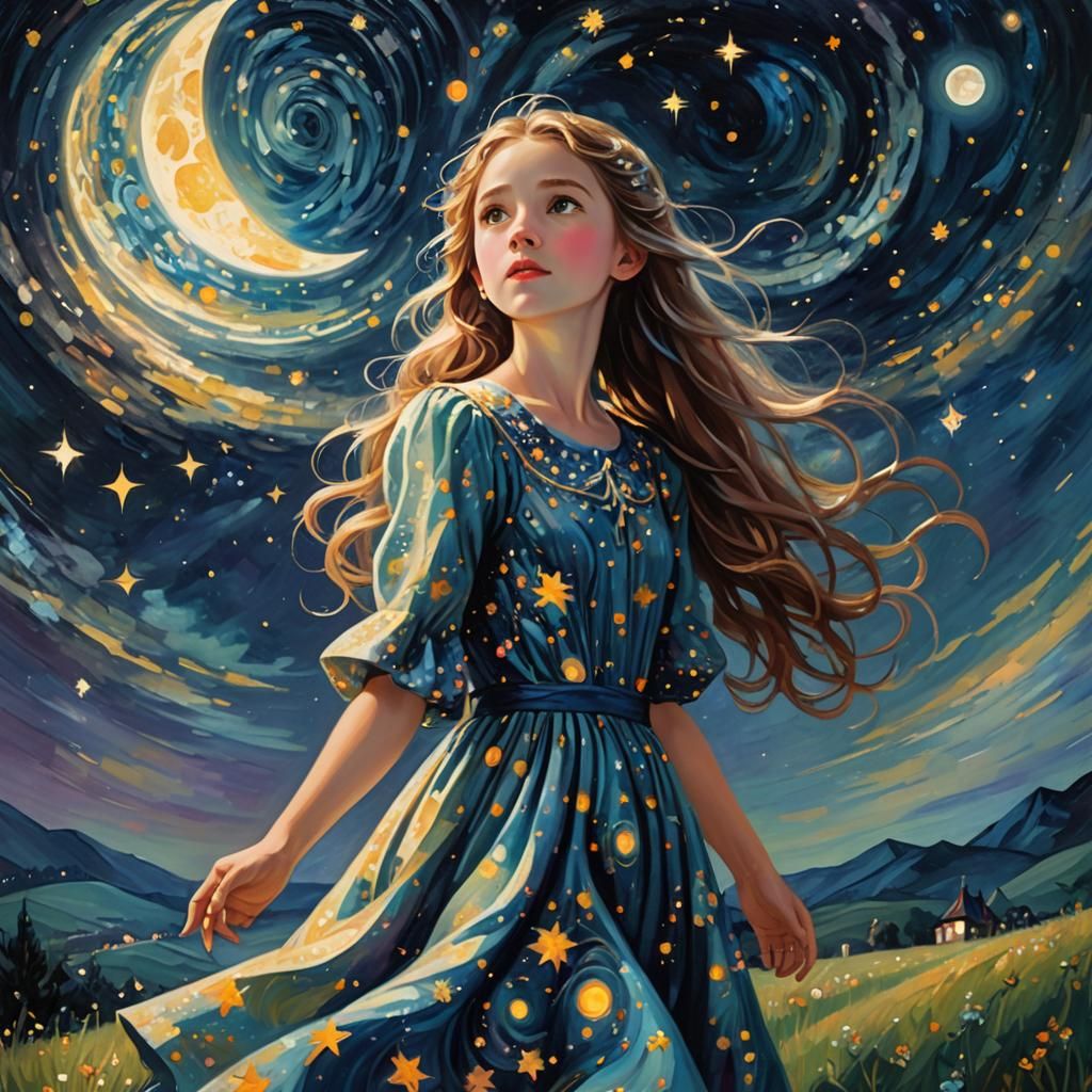 Girl Gazing at Starry Night Sky