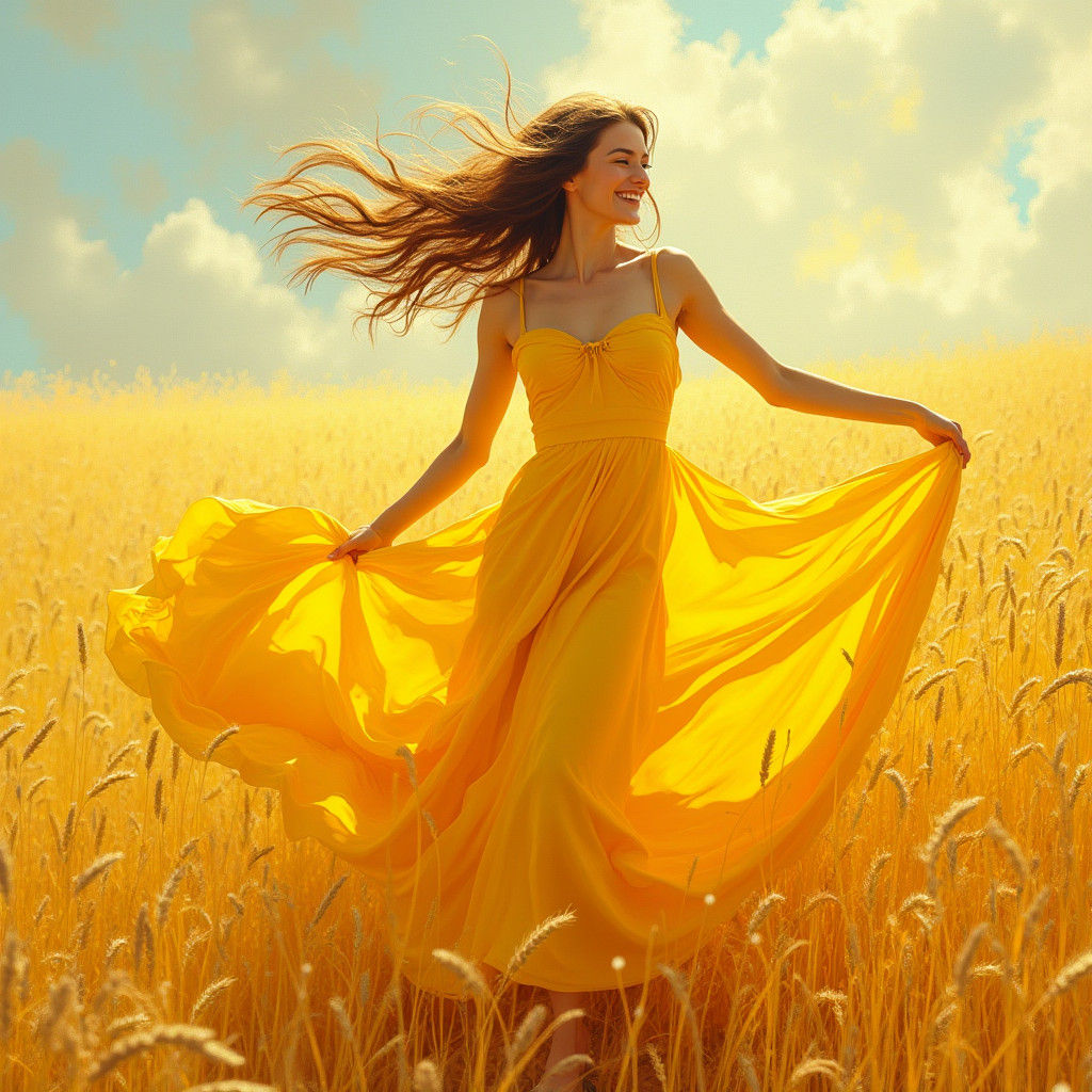 Woman in Yellow Dress Dancing in Wheat Field