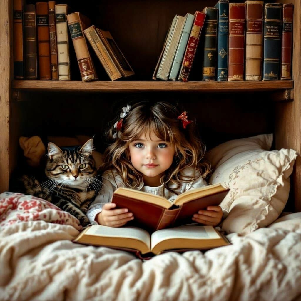 Girl Reading with Cat in Bookshelf, Golden Hour