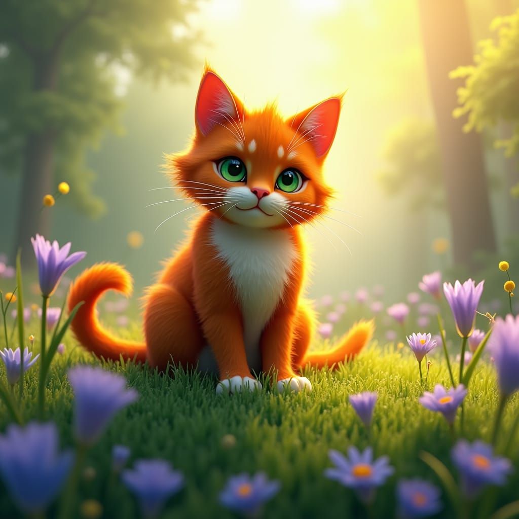 Orange Cat on Grassy Hill with Wildflowers