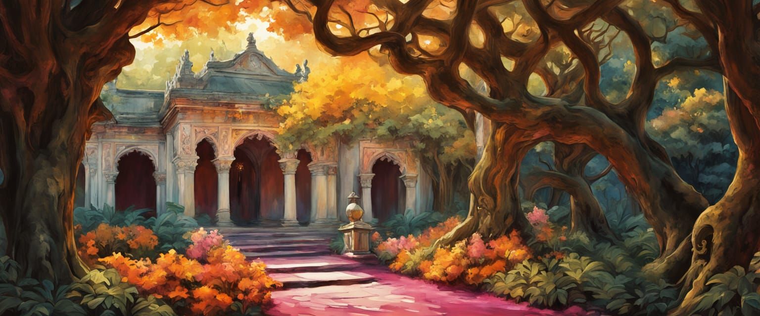 Rainforest Temple with Monks in Watercolor Style