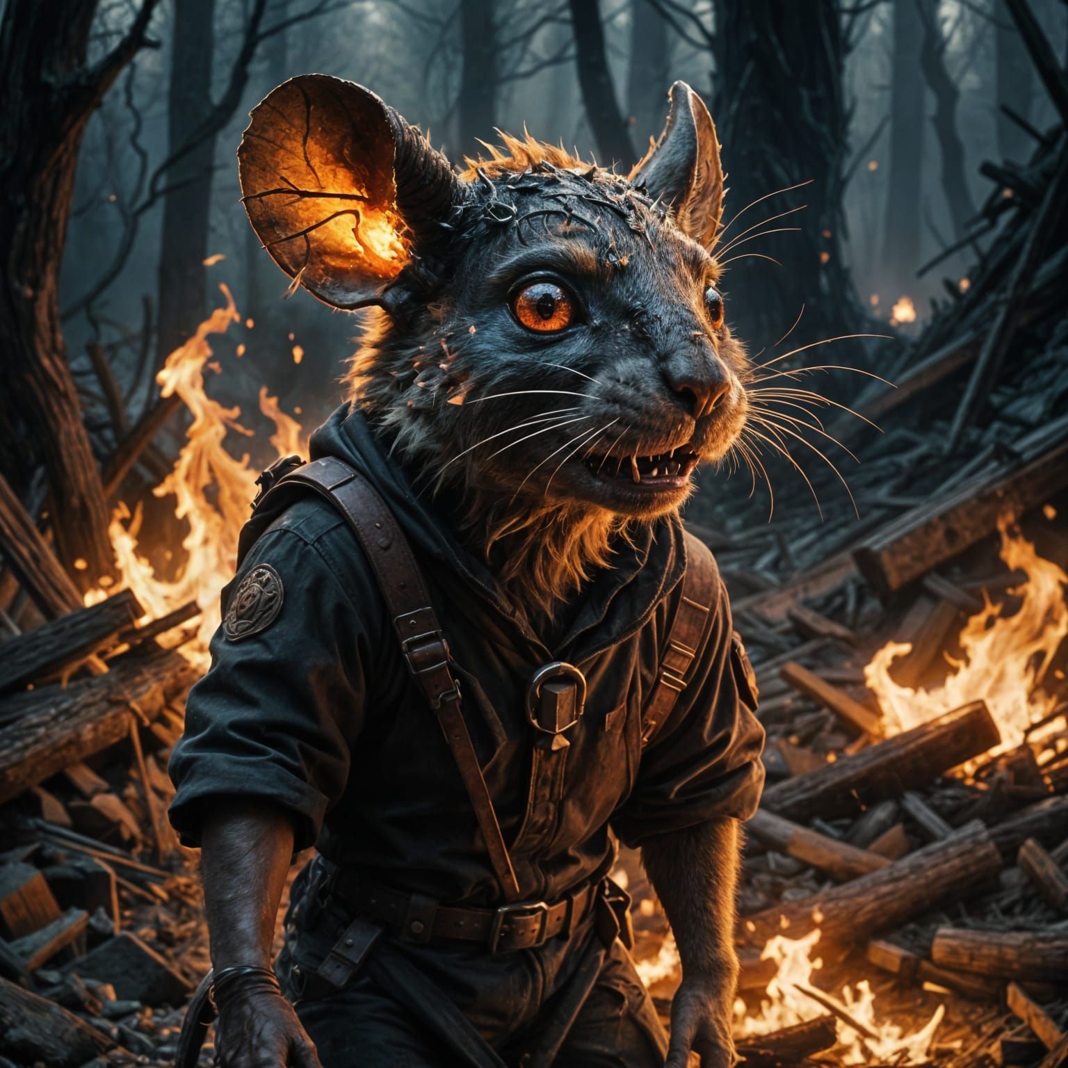 Mouse Warrior Confronts Fire Demon in Burning Alien Market