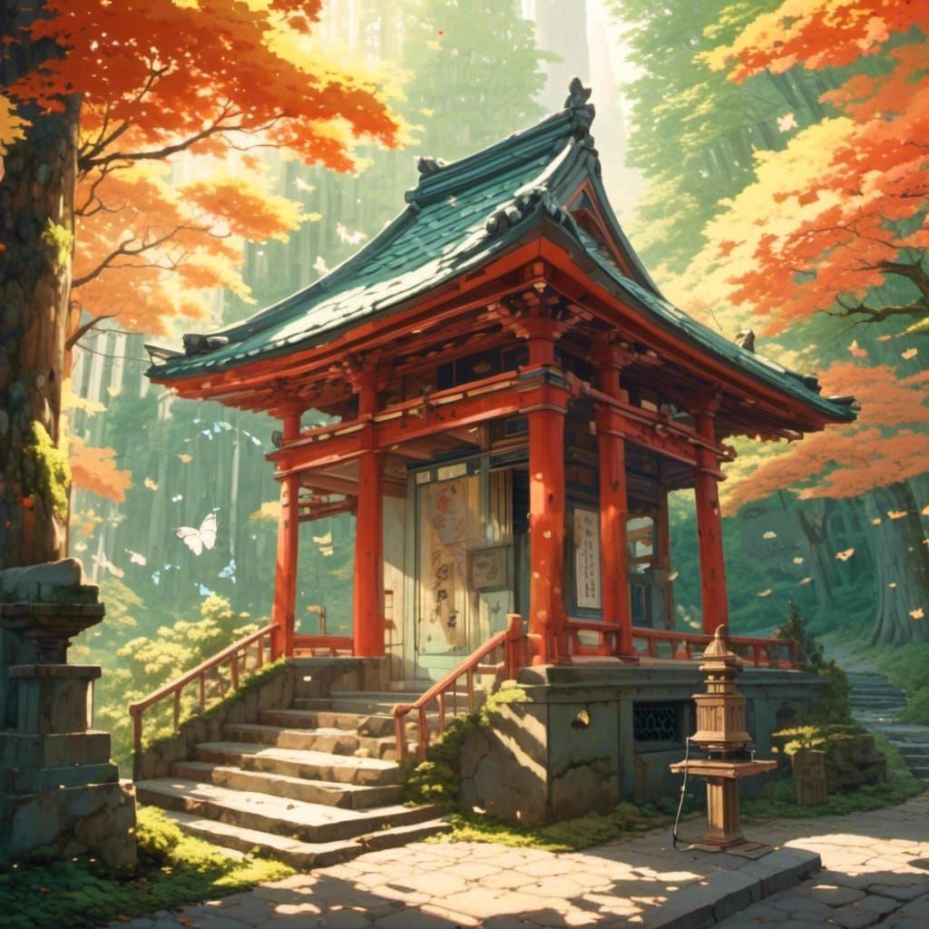 Serene Anime Shinto Shrine in Lush Forest