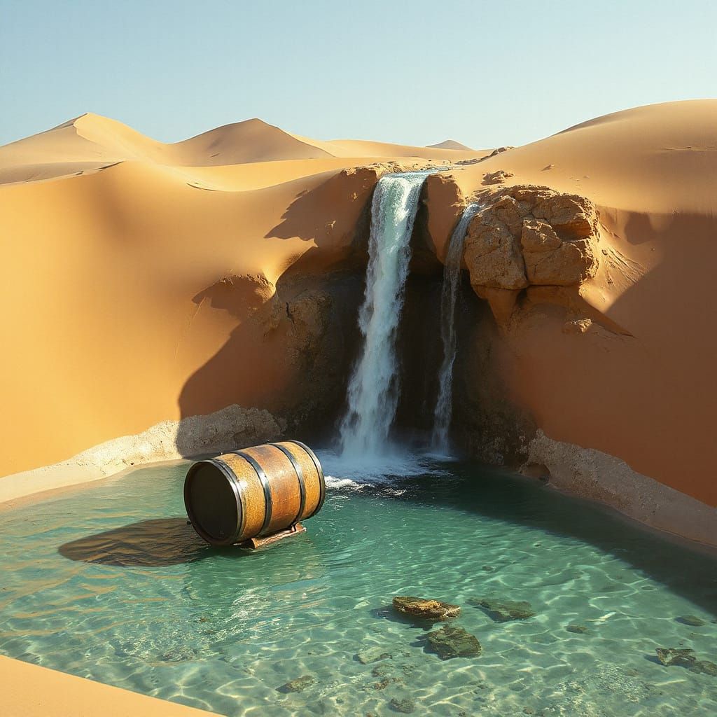 Desert Waterfall with Barrel, in Moebius Style