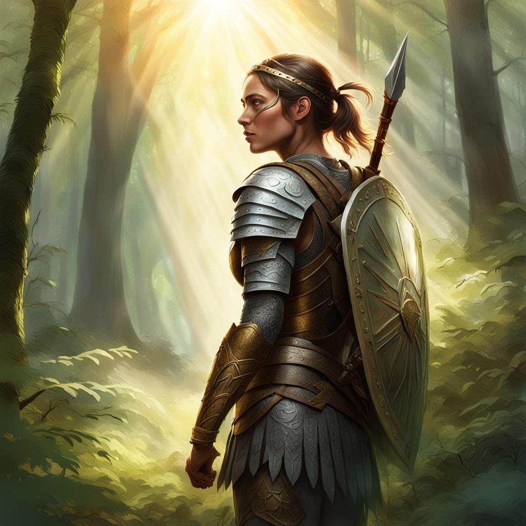 Victorious Warrior Woman in Misty Forest Clearing