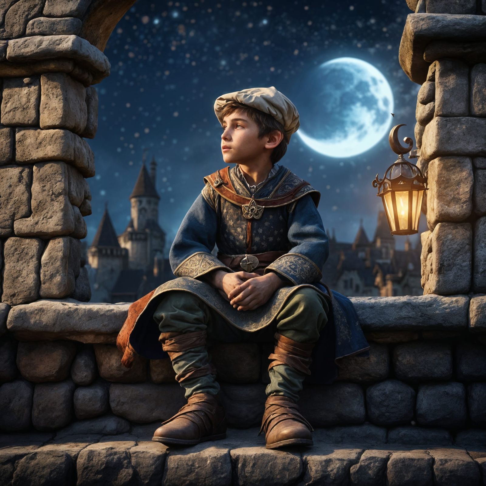 Young Peasant Boy Under Crescent Moonlit Skies