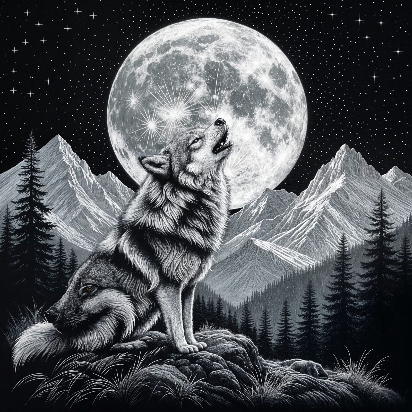 Majestic Wolf Howling at Moon in Stippling Illustration