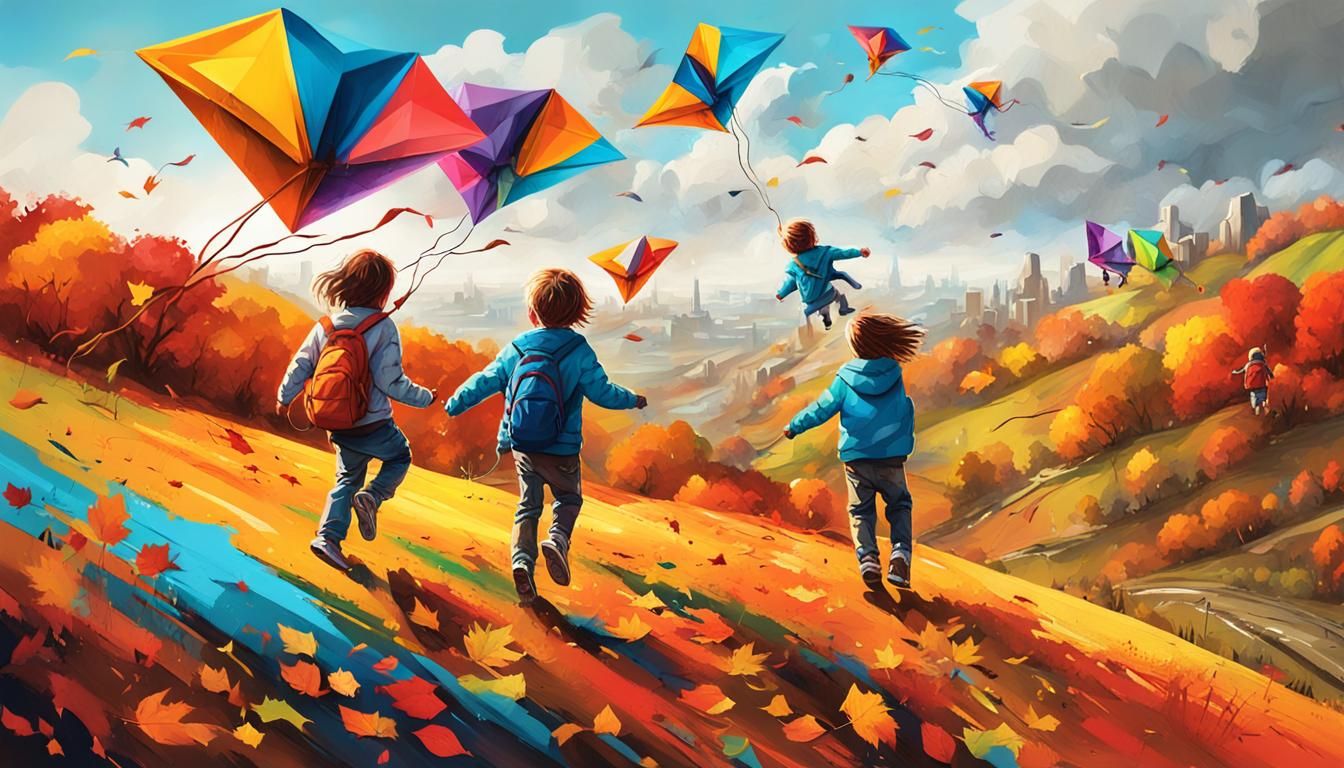 Children Fly Kites on Autumn Hill in Graffiti Style