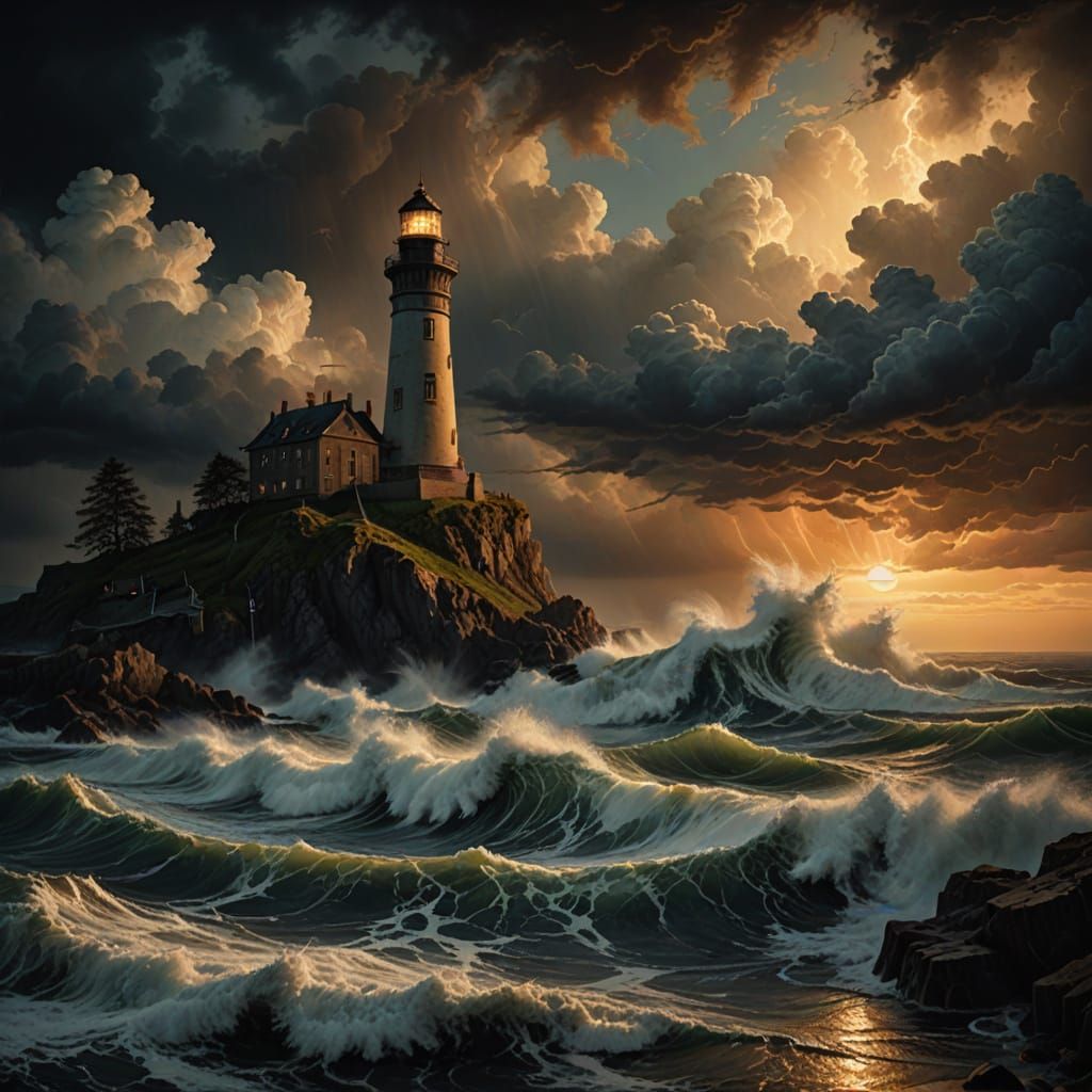 Dramatic Baroque Lighthouse Amidst Winter Storm