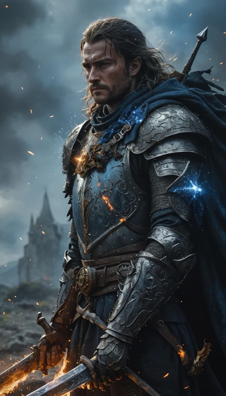 Mysterious Knight in Armor on Fire Battlefield