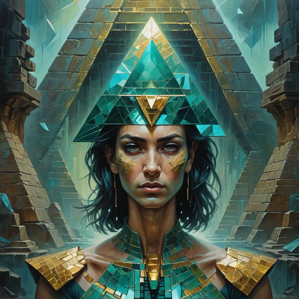 Surreal Pyramid-Headed Figure in Ancient Temple