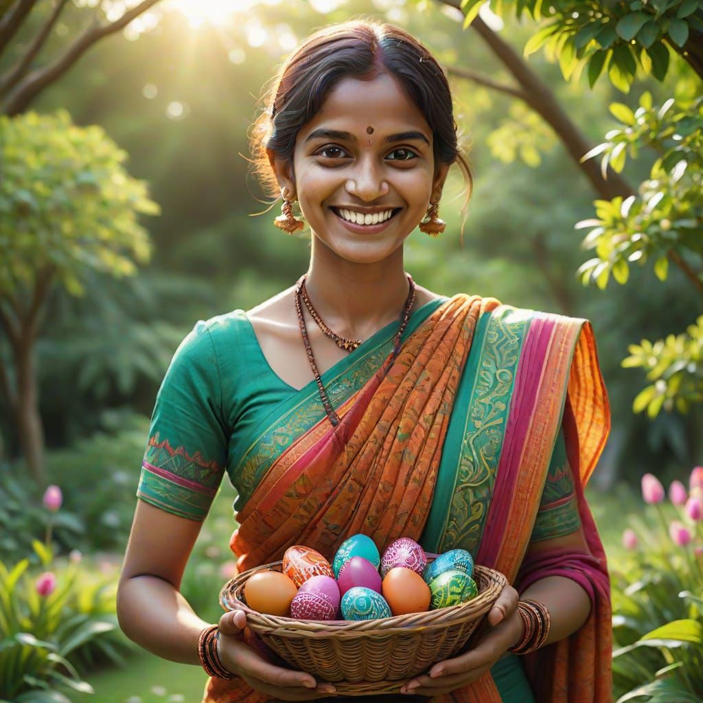 Hindu Woman in Lush Garden