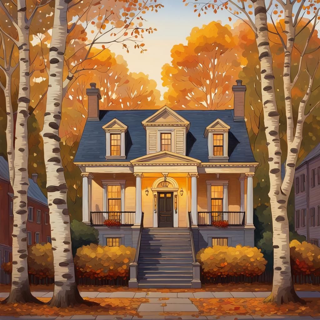 Colonial Building in Autumn, Gouache Painting