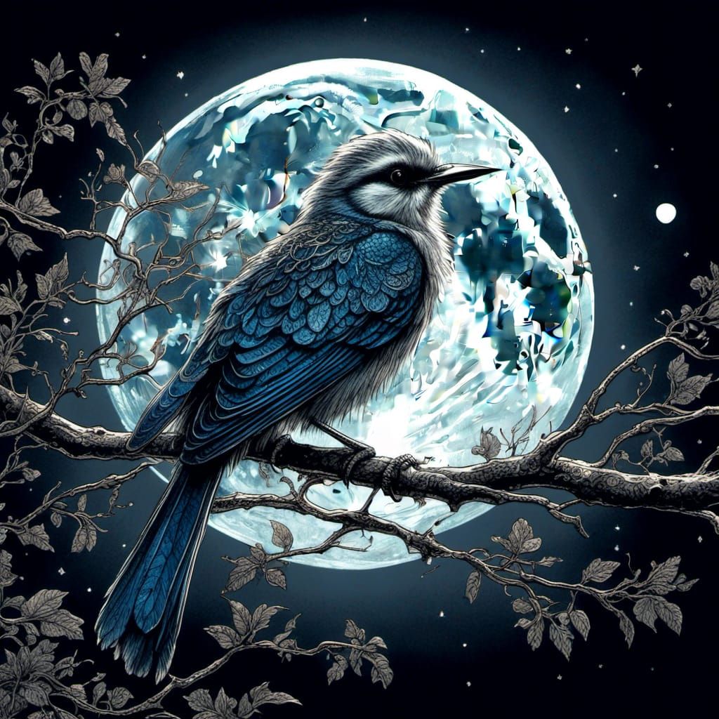 Moonlit Nocturnal Bird Vintage Illustration