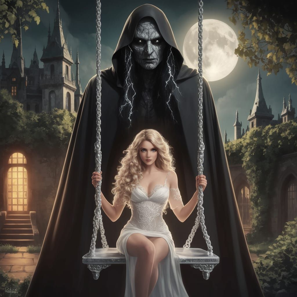 Moonlit Castle Garden Scene with Dark Figure