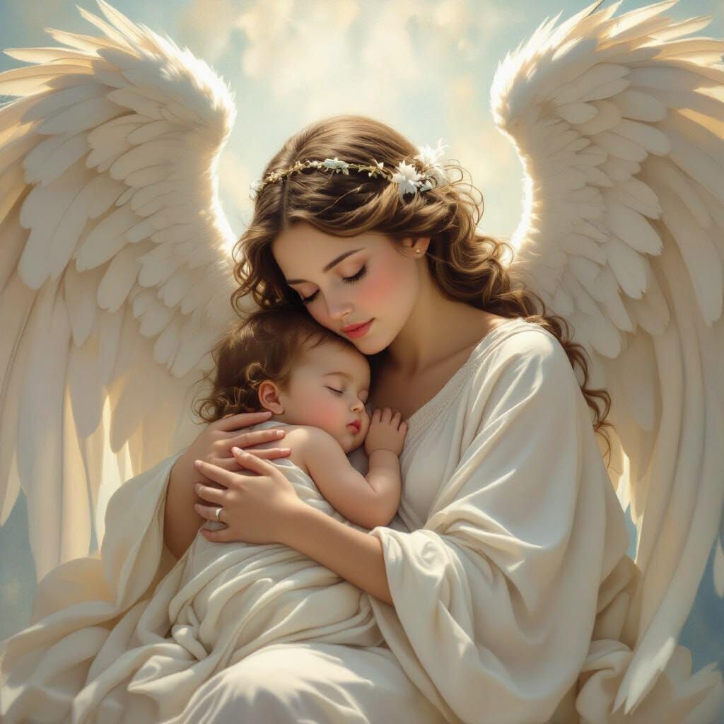 Serene Angel Cradles Sleeping Baby in Soft Light