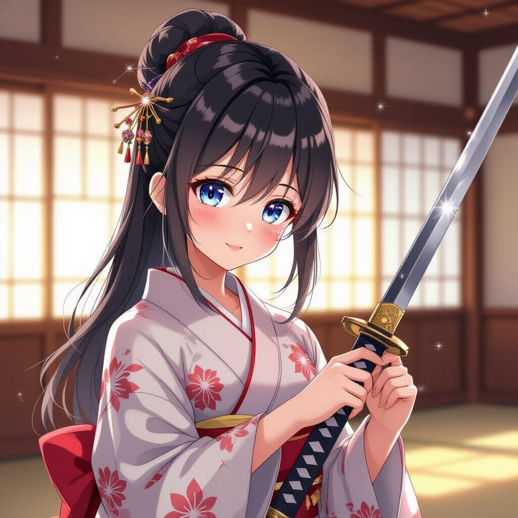 Anime Girl with Katana in Dojo Setting