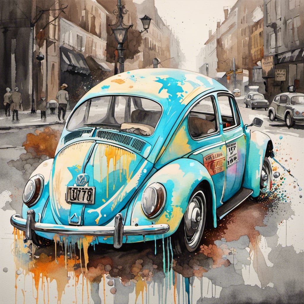 Volkswagen Beetle in Graffiti Watercolor Street Art