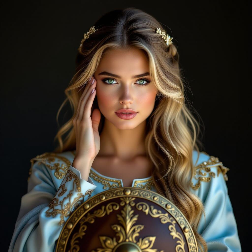 Mysterious Woman in Blue Garment with Shield