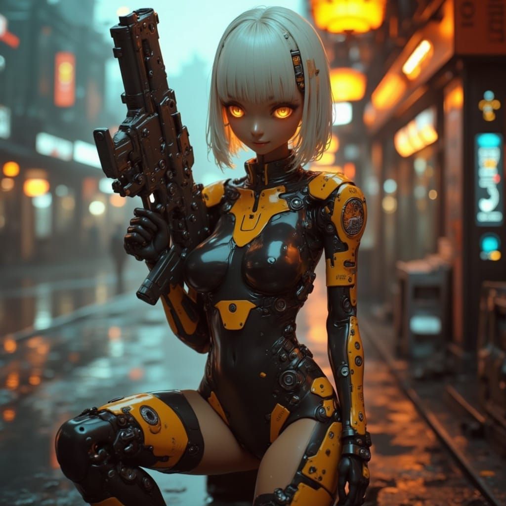 Cyberpunk Combat Gynoid in High-Tech Black and Gold Body Sui...
