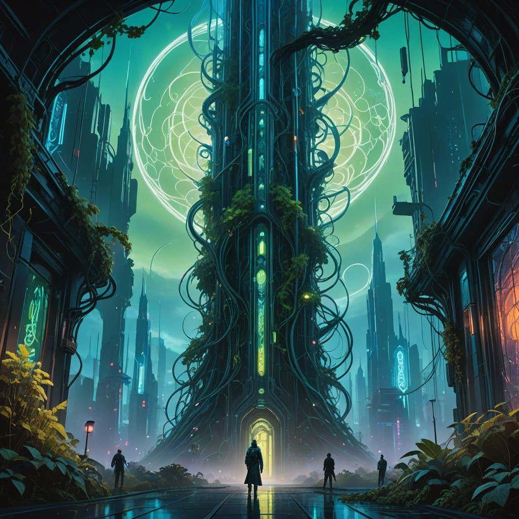 Cyberpunk Figure in Neon-Lit Futuristic Landscape