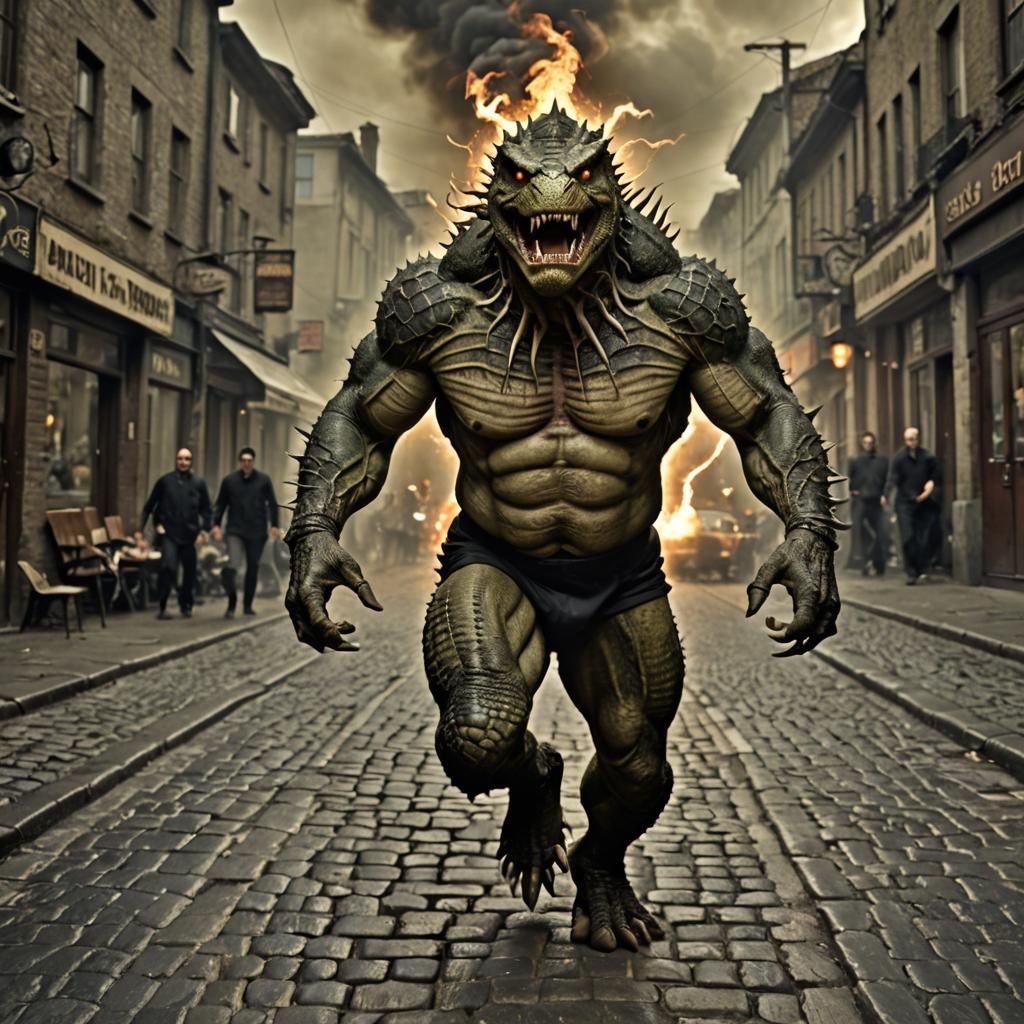 Lizard Supervillain Runs Through Cyberpunk City