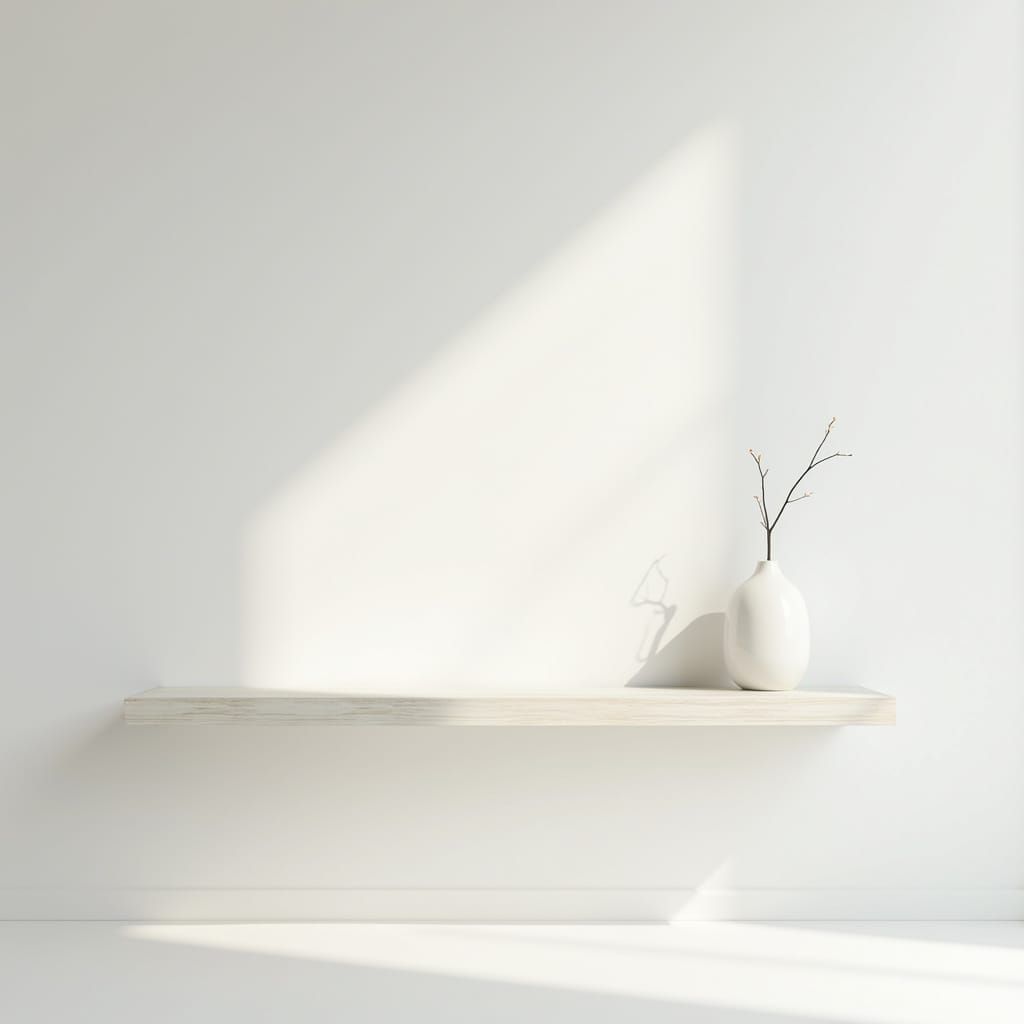 Minimalist White Shelf with Vase and Sunlight