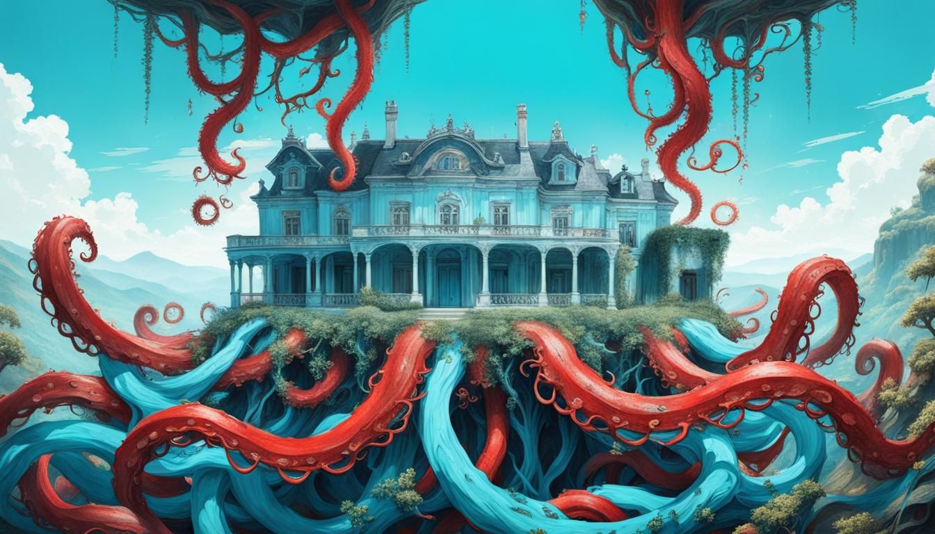 Surreal Inverted Landscape with Tentacles and Mansion