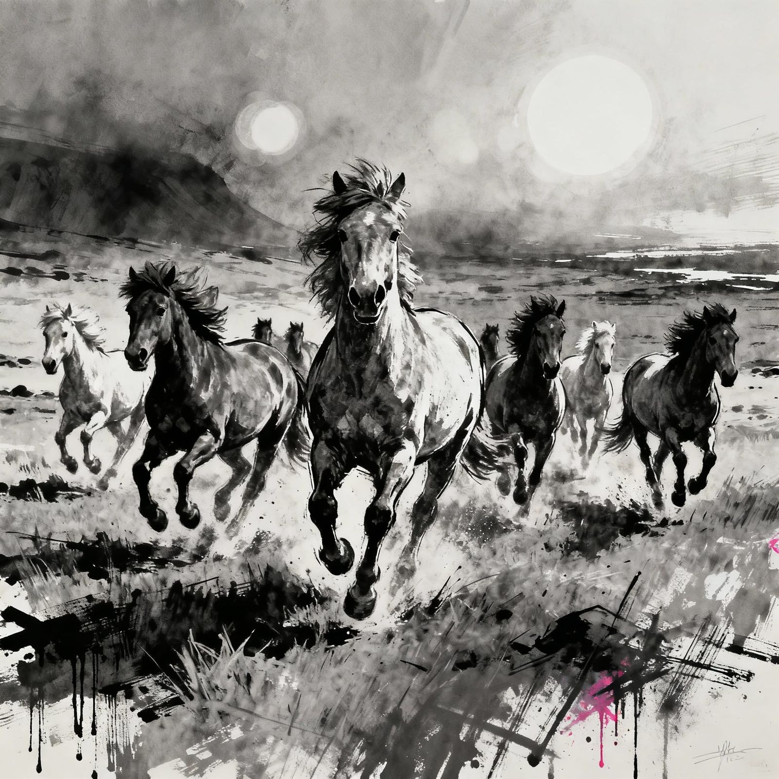 Icelandic Horses Gallop in Moody Graffiti Style