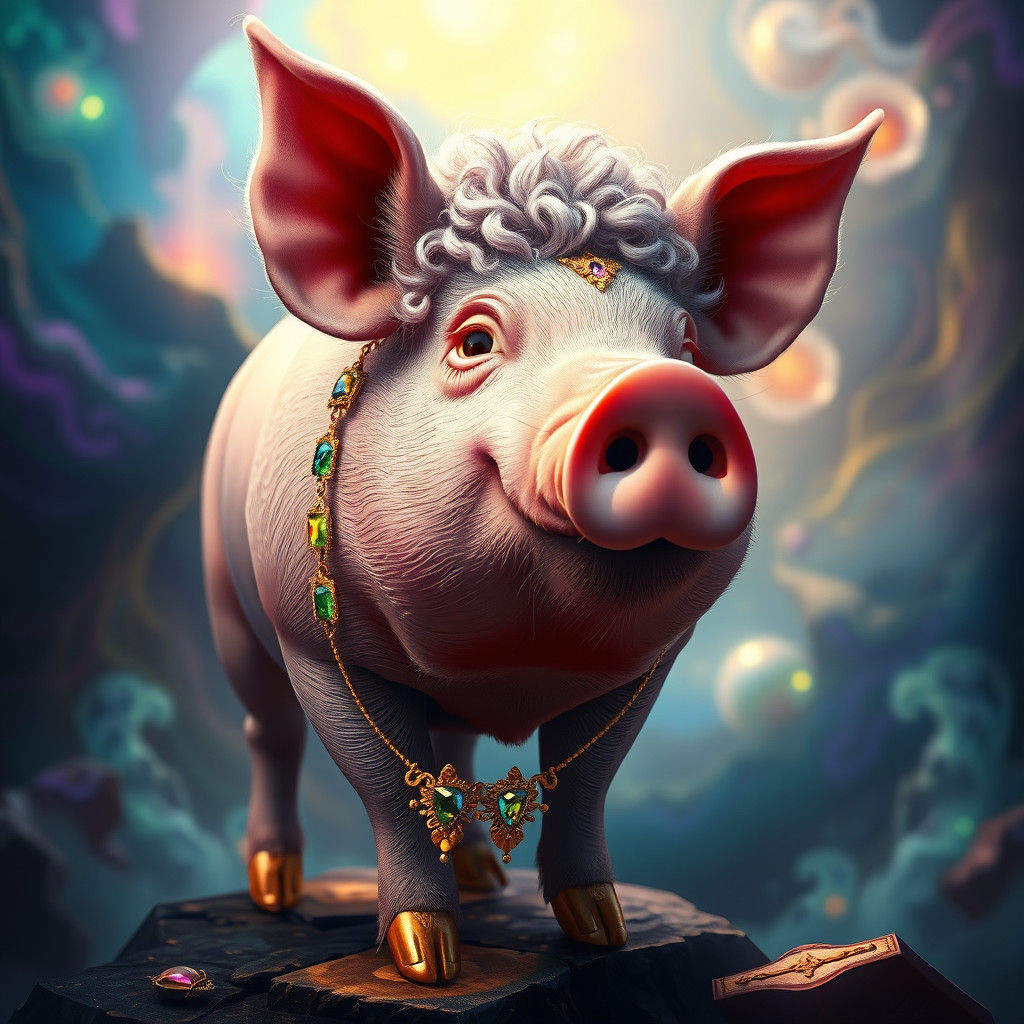 Pig with Gold Jewelry in Dreamlike Landscape