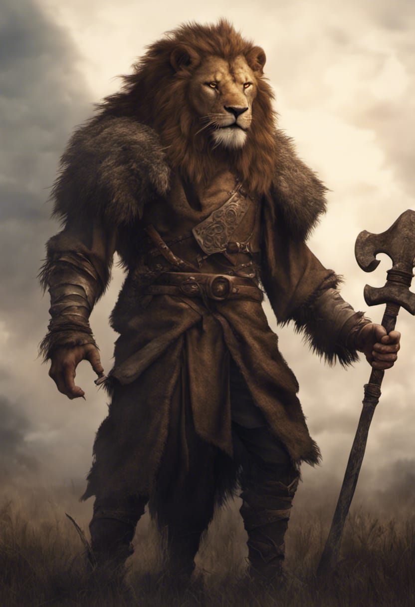 Lion-Man Warrior on Savanna with Rune Axe