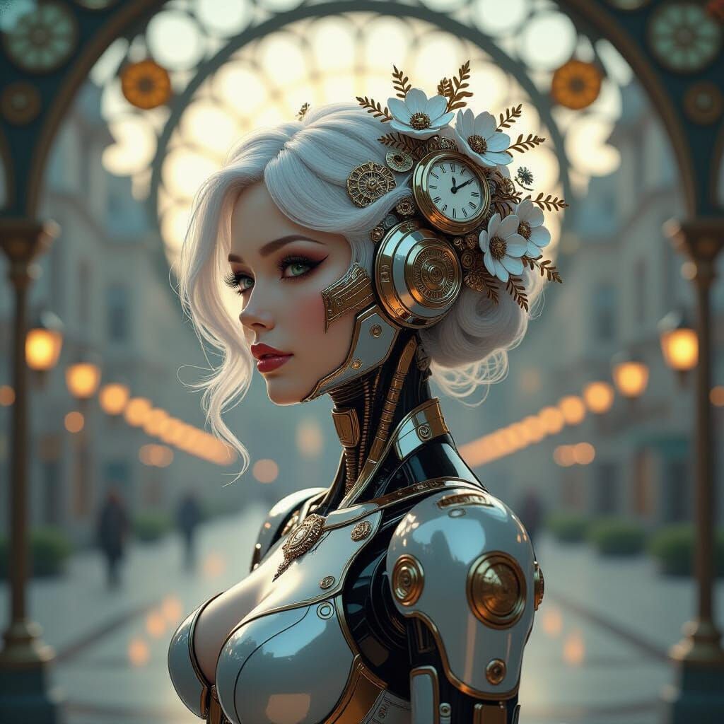 Cyborg Woman with Clockwork Flora in Art Nouveau Style