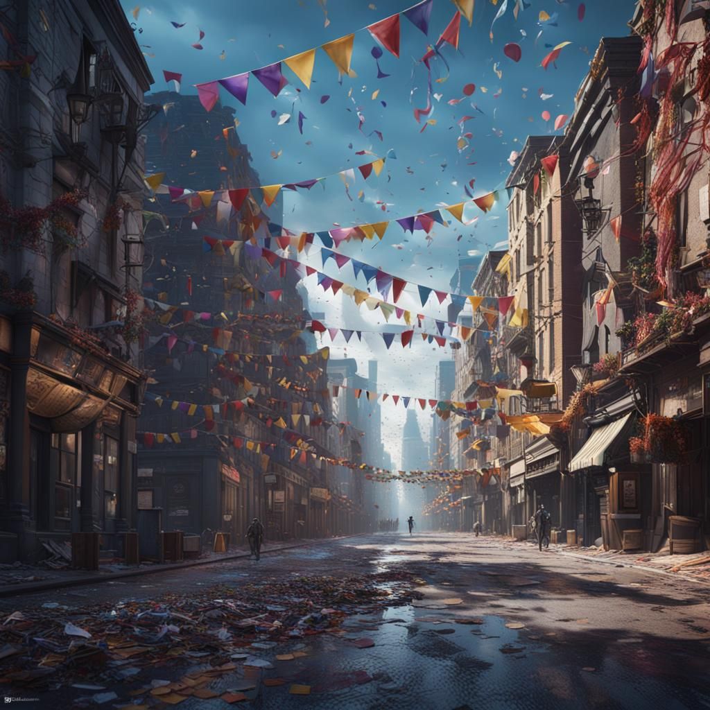 Empty Street After Ticker Tape Parade in Matte Painting Styl...