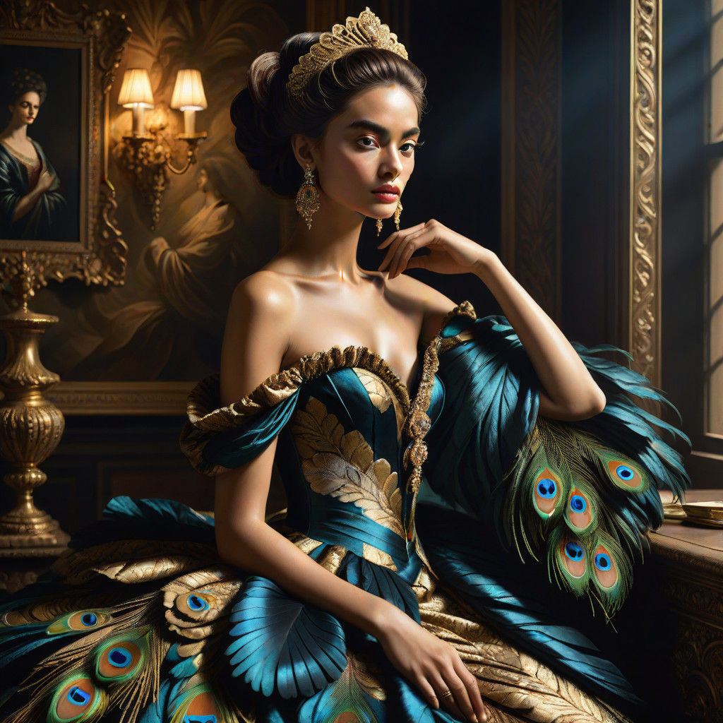 Elegant Woman in Peacock Feather Regalia