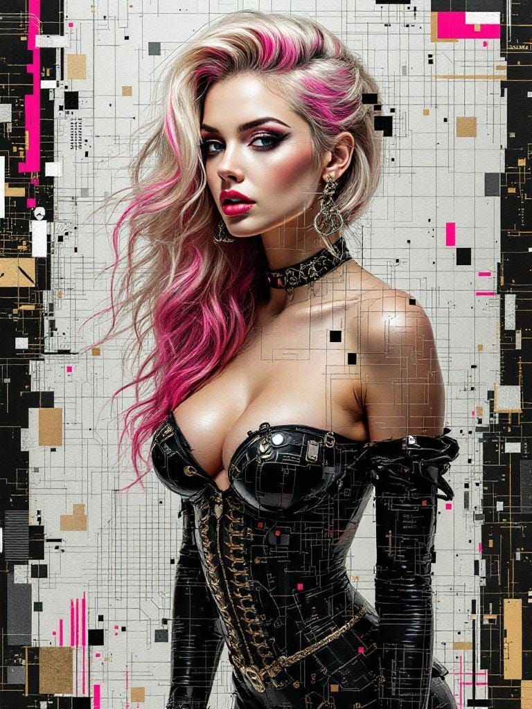 Pin-Up Woman in Dürer-Inspired Glitch Art Style
