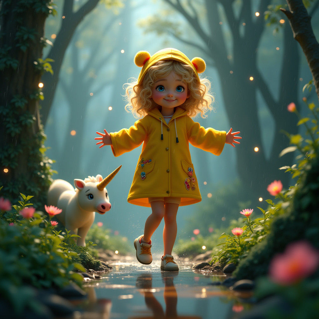 Mystical Rainforest Girl Dances in Whimsical Setting with Un...