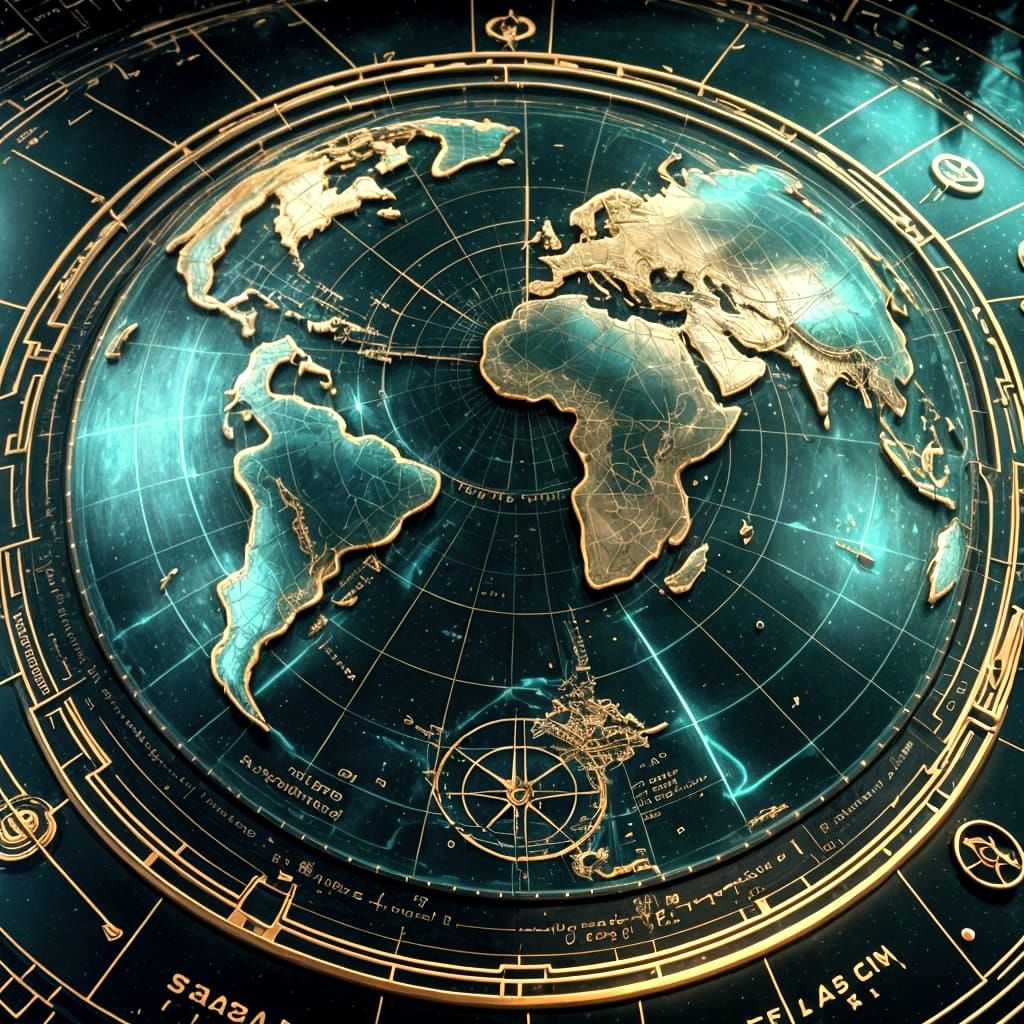 Holographic Nautical Chart of Earth in Teal and Gold